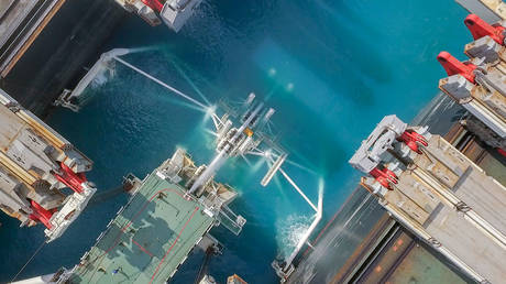 FILE PHOTO: The Turkish Stream gas pipeline  is lowered to the bottom of the sea © Gazprom 
