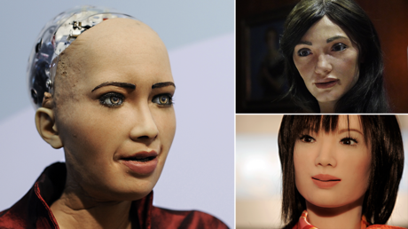Sophia (left) © Global Look Press, Robot artist 'Ai-Da' (top right) © REUTERS/Matthew Stock; Humanoid robot 'Actroid DER' (bottom right) © REUTERS/Paul Yeung