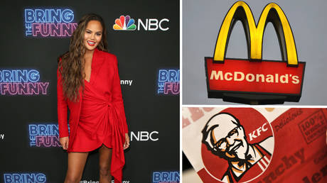 Main image: Chrissy Teigen © Global Look Press; Top right: McDonald's sign © Global Look Press; Bottom right: KFC packaging © Global Look Press