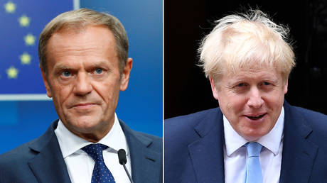 (L) European Council President Donald Tusk © Reuters / Francois Lenoir; (R) British PM Boris Johnson © AFP / Daniel Leal-Olivas