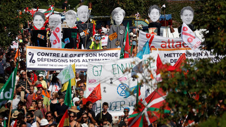 G7 opponents attend a protest in Hendaye