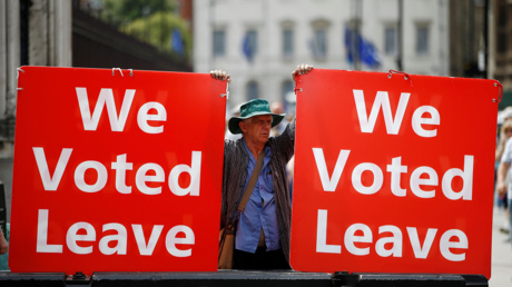 A pro-Brexit demonstator is seen outside the Houses of Parliament in London, Britain, July 17, 2019. © REUTERS/Henry Nicholls