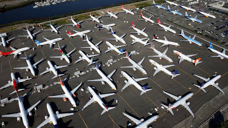 Dozens of grounded Boeing 737 MAX aircraft are seen parked in an aerial photo at Boeing Field in Seattle, Washington, US. File photo.