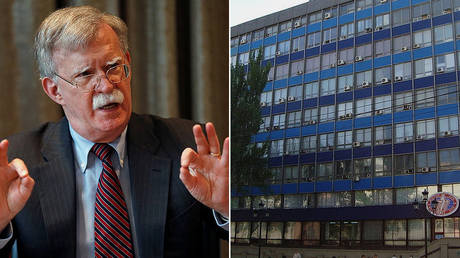 (R) Motor Sich factory in Zaporozhye, Ukraine © Wikimedia Commons; (L) US National Security Advisor John Bolton © Reuters / Peter Nicholls