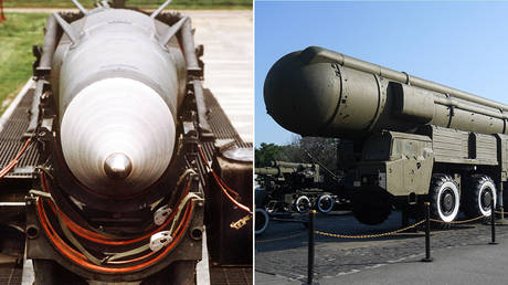 The INF-banned munitions: (L) Pershing II missile © Global Look Press / Rüdiger Schrader; (R) Soviet SS-20 IRBM © Wikipedia