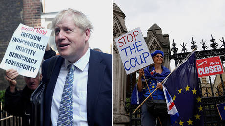 (L) PM Boris Johnson © Reuters / Hannah McKay; (R) A protester holds signs during an anti-Brexit protest © Reuters / Henry Nicholls