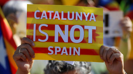 A protester holds a poster with the slogan "Catalunya is not Spain" during a demonstration to ask for the Parliament inclusion of the 3 Catalan elected MEP's Puigdemont, Oriol Junqueras and Toni Comin, in front of the European Parliament in Strasbourg, France, July 2, 2019. © REUTERS/Vincent Kessler