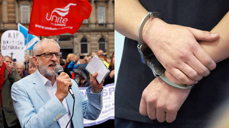 (L) Labour leader Jeremy Corbyn © Reuters / Russell Cheyne (R) A person in handcuffs © Global Look Press / Thomas Frey