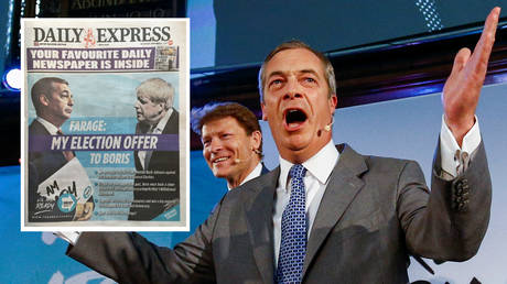 Brexit Party leader Nigel Farage. © Reuters/Henry Nicholls; inset: The Daily Express