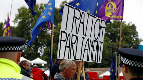 Pro-Brexit protesters demonstrate outside the Houses of Parliament in Westminster in London, Britain, September 9, 2019. © REUTERS/Peter Nicholls