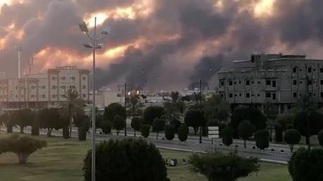 Smoke is seen following a fire at an Aramco factory in Abqaiq, Saudi Arabia, on September 14, 2019.
