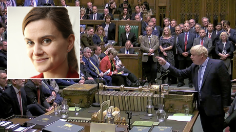 (Main) PM Boris Johnson speaks at UK parliament © Reuters / Parliament TV  (Top left)  The late Batley and Spen Labour MP Jo Cox  © Reuters / Handout