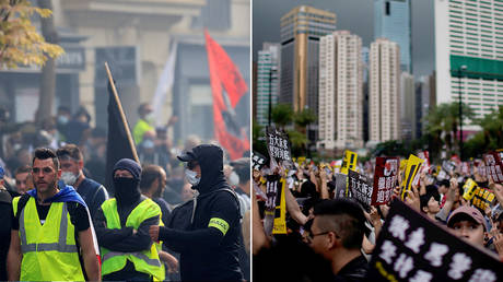 (L) Yellow vests protesters in Paris © REUTERS/Gonzalo Fuentes; (R) Anti-extradition bill protesters march to demand democracy and political reforms, in Hong Kong ©  REUTERS/Aly Song