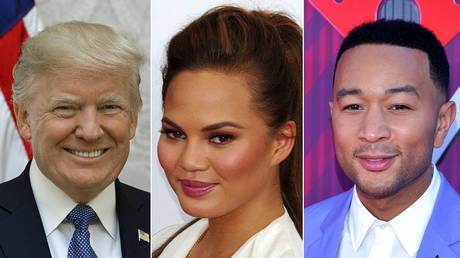 (L) President Donald Trump; (M) Chrissy Teigen; (R) John Legend © Wikimedia Commons