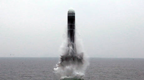 A submarine-launched ballistic missile (SLBM) test pictured by North Korea's Central News Agency, October 2, 2019