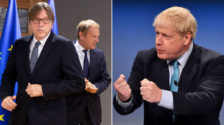 (L) Guy Verhofstadt and Donald Tusk © Virginia Mayo / AP Pool / AFP; (R) Boris Johnson © AFP / Paul Ellis