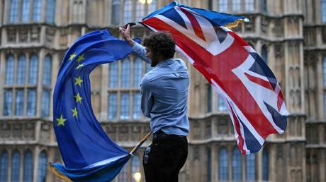 A man waves both a British flag and a European Union flag together outside The Houses of Parliament © AFP / Justin Tallis