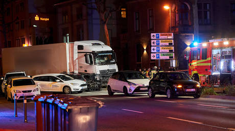 The scene where a truck crashed in to cars stopped at a red light in Limburg, western Germany on October 7, 2019. © AFP / Sascha Ditscher