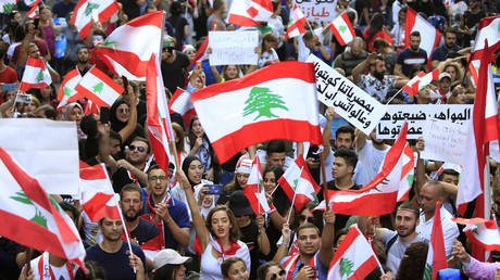 Demonstrators at an anti-government protest in downtown Beirut, Lebanon, October 21, 2019.