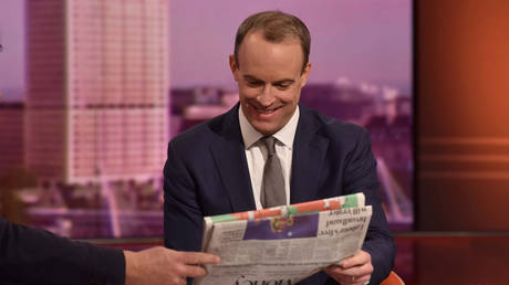 Foreign Secretary Dominic Raab appears on BBC TV's The Andrew Marr Show in London, November 17, 2019