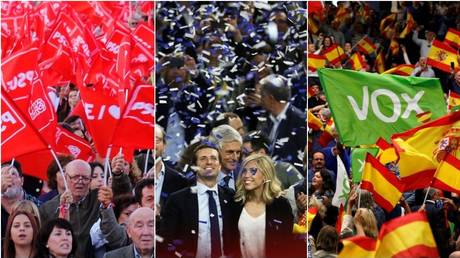 Socialist Workers' Party holds a campaign closing rally in Valencia.© Reuters / Heino Kalis; People's Party candidate Casado holds a campaign closing rally in Madrid. © Reuters  / Susana Vera; Right-wing party VOX stages an electoral rally in Seville.  © Reuters / Marcelo del Pozo.