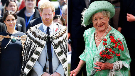 (L) Prince Harry and Meghan Duchess of Sussex © Reuters / Pool; (R) The late Queen Mother pictured in 1996 © Reuters / Kieran Doherty