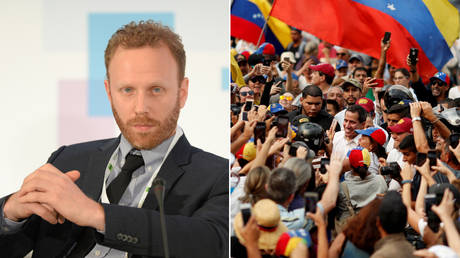 American journalist Max Blumenthal; US-backed Venezuelan opposition figure Juan Guaido surrounded by supporters in Caracas. ©  Sputnik / Mikhail Voskresenskiy;  Reuters / Carlos Garcia Rawlins