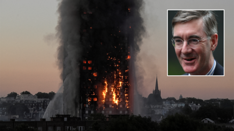 (Main) Flames and smoke billow out of Grenfell Tower, June 2017 © Reuters / Toby Melville (Top right) Jacob Rees-Mogg © Reuters / Hannah McKay