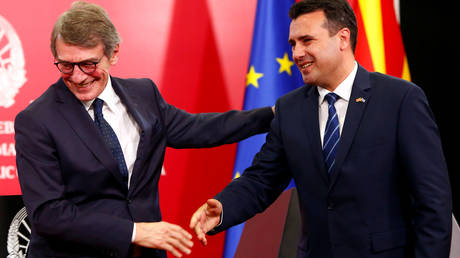EU parliament President David Sassoli with Macedonian Prime Minister Zoran Zaev attend a news conference in Skopje, North Macedonia November 4, 2019