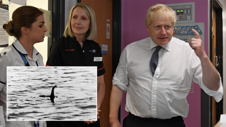 (Main) UK PM Boris Johnson talks to nursing staff © AFP / Daniel Leal-Olivas / Pool (Bottom left) A 1934 picture said to be showing the Loch Ness Monster © Getty Images / Keystone