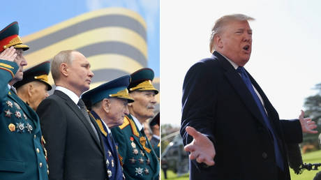 (L) Russian President Vladimir Putin at the 2019 V-Day parade ©  Sputnik/Alexei Druzhinin; (R) US President Donald Trump © REUTERS/Siphiwe Sibeko