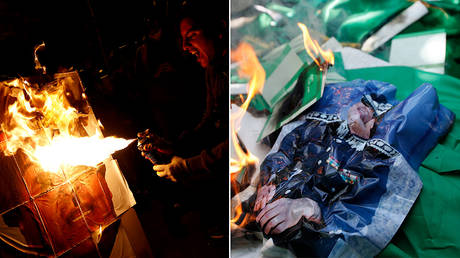 Protesters set fire to posters of Bolivia's Evo Morales (L) and Libya's Muammar Gaddafi (R) ©  Reuters / Kai Pfaffenbach;  Reuters / Umit Bektas
