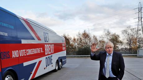 Britain's Prime Minister Boris Johnson gestures in front of the general election campaign trail bus in Manchester, UK
November 15, 2019