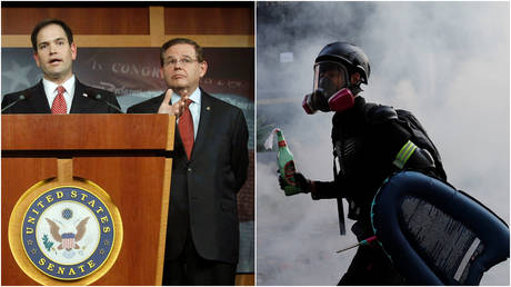 FILE PHOTOS: (L) Senators Marco Rubio (R-Florida) and Robert Menendez (D-New Jersey) attend a press event in Washington; (R) A protester in Hong Kong.