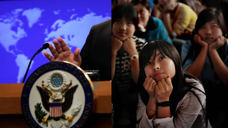A US State Department briefing; Migrant workers watching TV in Shenzhen, China.
