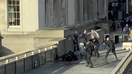 Police officers aim at a man who had stabbed a number of people, on London Bridge, November 29, 2019 in this still image obtained from a social media video