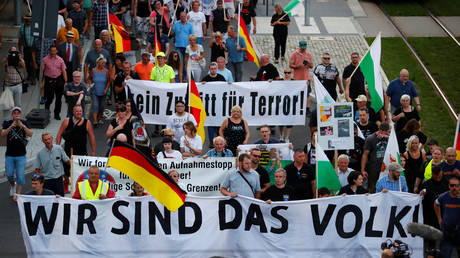 Participants carry flags, a banner that reads, "We are the people!" and printed articles about crimes related to migrants, during a far-right "Pro Chemnitz" group demonstration in Chemnitz, Germany August 25, 2019. © REUTERS/Hannibal Hanschke