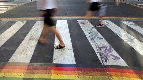 FILE PHOTO: Crosswalks, painted as a rainbow flag, are pictured in the street near the Gay Games village at the Hotel de Ville city hall in Paris, France, August 4, 2018. © REUTERS/Regis Duvignau
