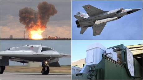 Test-launch of Avangard hypersonic glider; A MiG-31 fighter jet with Kinzhal hypersonic missile; Okhotnik heavy drone; Peresvet laser system. © Sputnik / Russia’s Defense Ministry