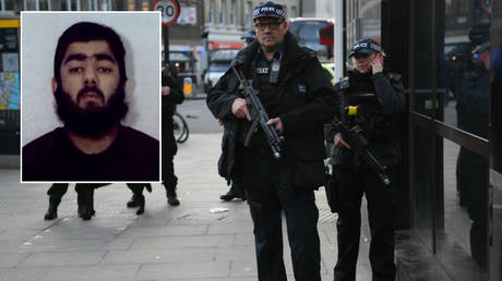 Usman Khan (inset) was convicted of terrorism in 2012. Main image: emergency response agencies during Friday's attack. © Guilhem Baker/ Global Look Press