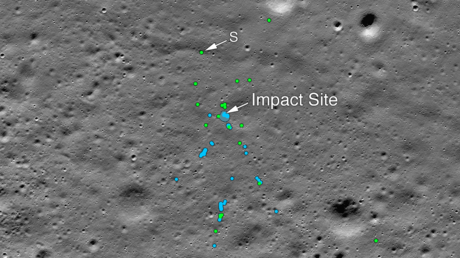 This image shows the Vikram Lander impact point and associated debris field. Green dots indicate spacecraft debris; blue dots locate disturbed soil.