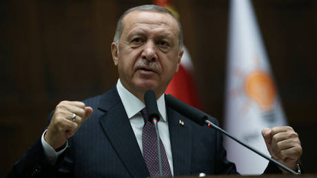 FILE PHOTO. Turkish President Tayyip Erdogan addresses lawmakers. ©Presidential Press Office via REUTERS