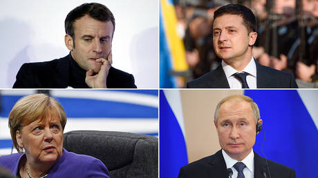 Emmanuel Macron © REUTERS/Benoit Tessier; Angela Merkel © AFP / Nicholas Kamm; Volodymyr Zelensky © AFP / Gints Ivuskans; Vladimir Putin © Sputnik / Sergey Mamontov