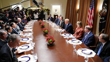 US President Donald Trump takes part in a luncheon with the UN Security Council permanent representatives in the Cabinet Room of the White House in Washington, DC, on December 5, 2019.