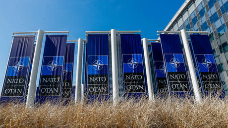 FILE PHOTO: Banners fly in front of NATO's Brussels headquarters © Reuters / Yves Herman