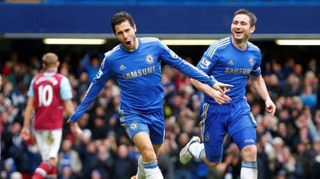 Eden Hazard of Chelsea (L) celebrates scoring against West Ham next to team mate Frank Lampard during their English Premier League football match at Stamford Bridge in London