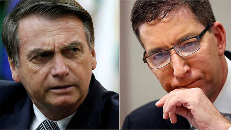 (L) Brazilian President Jair Bolsonaro © Reuters / Adriano Machado; (R) Glenn Greenwald © Reuters / Adriano Machado