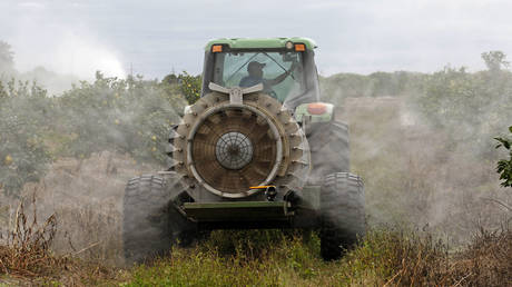 FILE PHOTO: A farm worker sprays pesticides on a grapefruit grove in Vero Beach, Florida.