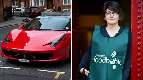 (L) A Ferrari parked in Knightsbridge, London © Global look Press / Ben Stevens; (R) Hammersmith and Fulham food bank manager © AFP / Ben Stansall