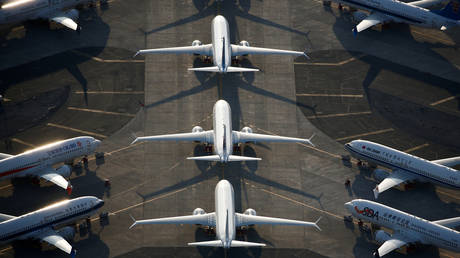 FILE PHOTO: An aerial photo shows Boeing 737 MAX aircraft at Boeing facilities at the Grant County International Airport in Moses Lake, Washington.